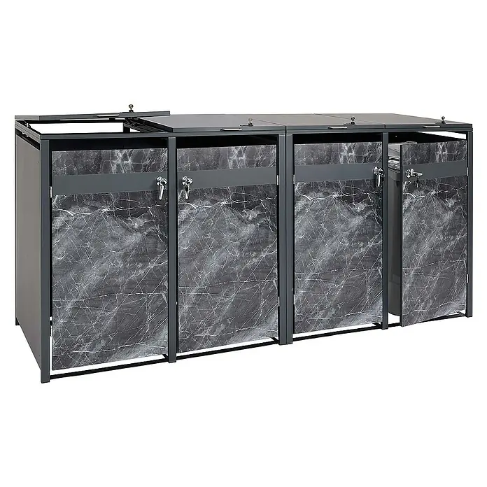 Proregal Mülltonnenbox 4er Mülltonnenverkleidung - Metall, Marmor-Optik dunkel, Geeignet für Anzahl Mülltonnen: 4 Stk. - Abfallbehälter mit Marmoroptik und vier Fächern, ideal für die Mülltrennung in Haushalt oder Büro. Robuste Konstruktion für den täglichen Gebrauch.