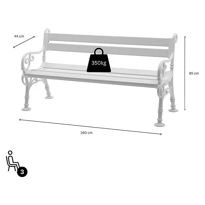 Proregal Gartenbank Curacao 3-Sitzer aus Kunststoff - Weiß - Abbildung einer Gartenbank aus Metall in Weiß mit den Maßen 85 cm Höhe, 44 cm Tiefe, 160 cm Länge und einer Belastbarkeit von 350 kg.
