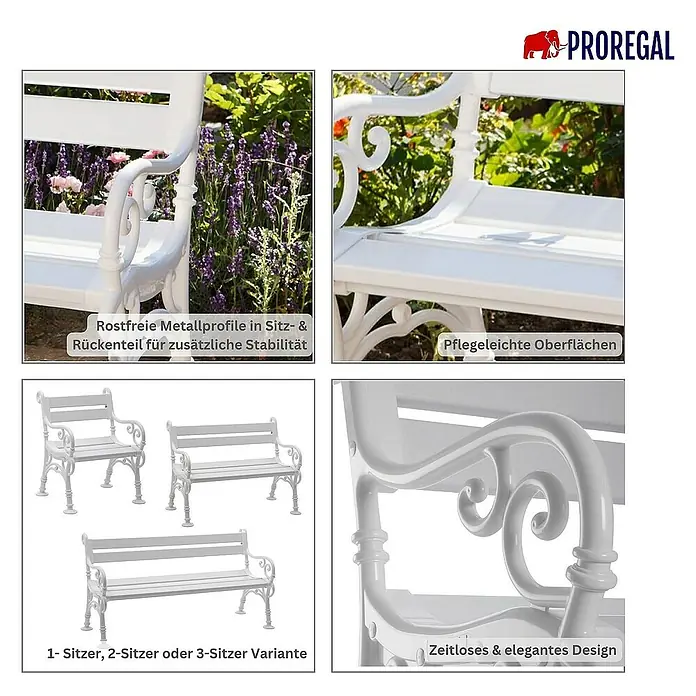Proregal Gartenbank Curacao 3-Sitzer aus Kunststoff - Weiß - Gartenbankdetails: Rostfreie Metallprofile, pflegeleichte Oberflächen, zeitloses Design und verschiedene Größen von 1-Sitzer bis 3-Sitzer.