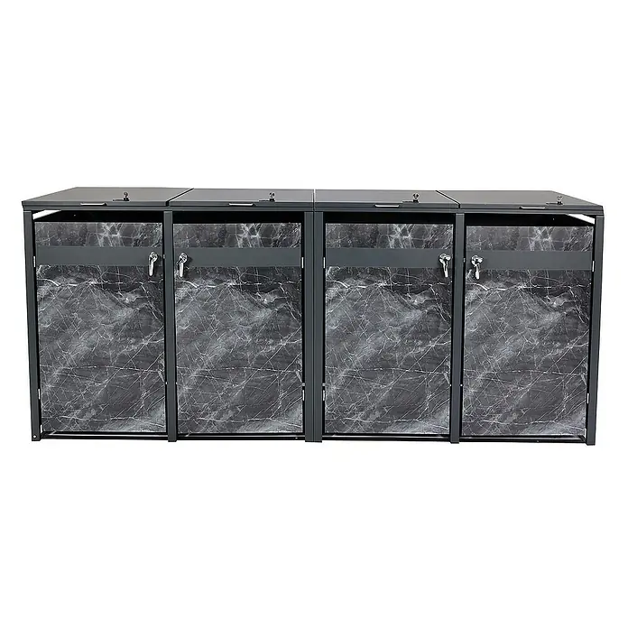 Proregal Mülltonnenbox 4er Mülltonnenverkleidung - Metall, Marmor-Optik dunkel, Geeignet für Anzahl Mülltonnen: 4 Stk. - Eine moderne graue Mülltonnenbox für den Außenbereich mit Marmor-Optik. Die Box bietet Platz für mehrere Tonnen und ist abschließbar.