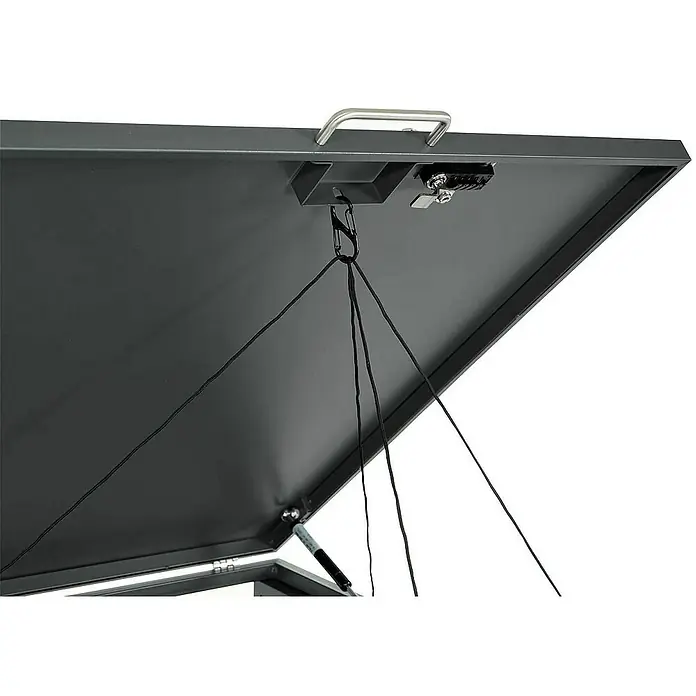 Proregal Mülltonnenbox 4er Mülltonnenverkleidung - Metall, Marmor-Optik dunkel, Geeignet für Anzahl Mülltonnen: 4 Stk. - Nahaufnahme des Inneren eines Metallkastendeckels mit Schloss und Griff.