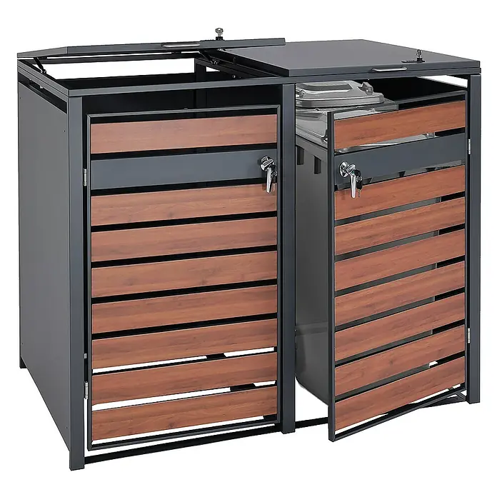 Proregal Mülltonnenbox XL 2er/4er-Mülltonnenverkleidung - 142 x 98 cm, Metall, Kirsche-Holzoptik Dunkelbraun, Geeignet für Anzahl Mülltonnen: 2 Stk. - Eine Mülltonnenbox mit zwei Fächern und Lattenverkleidung aus Holz, ideal für den Außenbereich. Die Box hat abschließbare Türen und Klappdeckel.