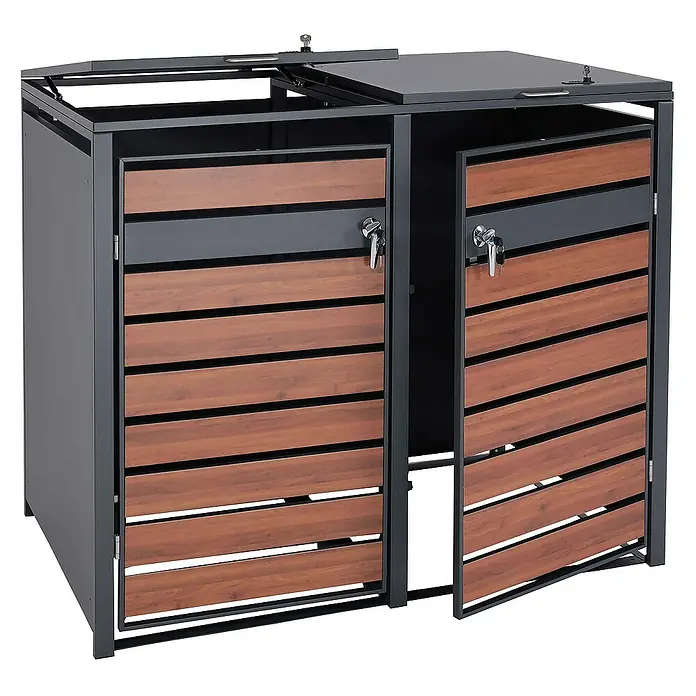 Proregal Mülltonnenbox XL 2er/4er-Mülltonnenverkleidung - 142 x 98 cm, Metall, Kirsche-Holzoptik Dunkelbraun, Geeignet für Anzahl Mülltonnen: 2 Stk. - Doppelter Mülltonnenbox mit Holzfronten und abschließbaren Türen für den Außenbereich. Optimal für die Mülltrennung und stilvolle Aufbewahrung.