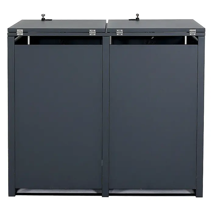 Proregal Mülltonnenbox 2er-Mülltonnenverkleidung - Metall, Anthrazit, Geeignet für Anzahl Mülltonnen: 2 Stk. - Doppelter Mülltonnenschrank aus grauem Metall mit Klappdeckel zur stilvollen Aufbewahrung von Mülltonnen im Außenbereich.