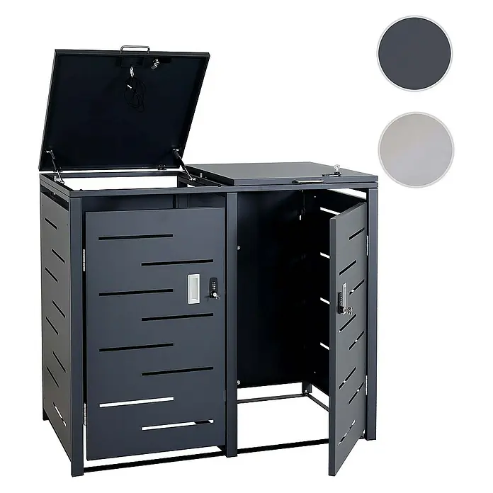 Proregal Mülltonnenbox 2er-Mülltonnenverkleidung - Metall, Anthrazit, Geeignet für Anzahl Mülltonnen: 2 Stk. - Bild eines Mülltonnenbox für zwei Tonnen, mit geöffnetem Deckel und Türen, in Anthrazit. Zwei Farboptionen werden dargestellt.