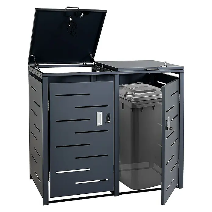 Proregal Mülltonnenbox 2er-Mülltonnenverkleidung - Metall, Anthrazit, Geeignet für Anzahl Mülltonnen: 2 Stk. - Doppel-Mülltonnenbox aus anthrazitfarbenem Metall mit zwei abschließbaren Türen und aufklappbarem Deckel für eine stilvolle Mülltonnenverkleidung.
