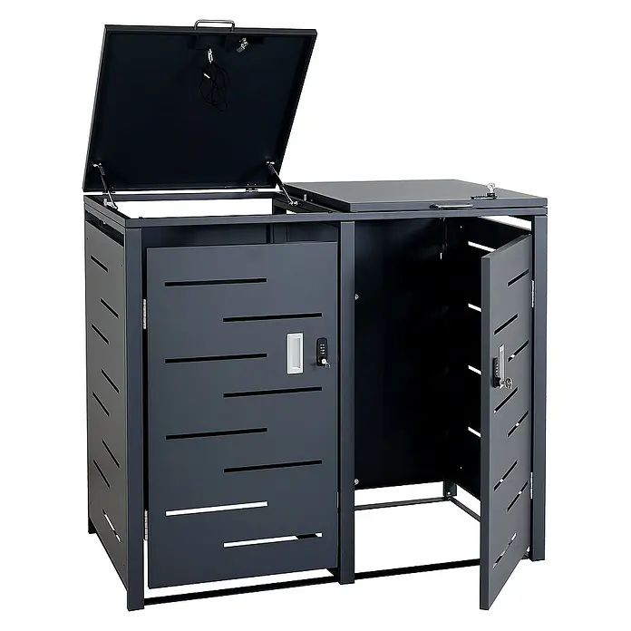 Proregal Mülltonnenbox 2er-Mülltonnenverkleidung - Metall, Anthrazit, Geeignet für Anzahl Mülltonnen: 2 Stk. - Doppelter Mülltonnenbox aus Metall mit zwei Türen und Deckel zum Öffnen, ideal für den Außenbereich.