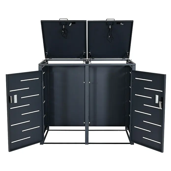 Proregal Mülltonnenbox 2er-Mülltonnenverkleidung - Metall, Anthrazit, Geeignet für Anzahl Mülltonnen: 2 Stk. - Doppel-Mülltonnenbox aus Metall mit zwei offenen Klappen und zwei offenen Türen. Ideal für die stilvolle Aufbewahrung von Mülltonnen.