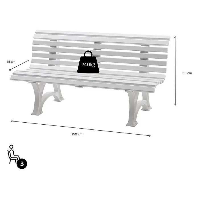 Proregal Gartenbank Jamaika 3-Sitzer aus Kunststoff - Weiß - Das Bild zeigt eine weiße Parkbank mit den Maßen 150 cm Länge, 45 cm Tiefe und 80 cm Höhe. Die Bank bietet Platz für 3 Personen und hält 240 kg stand.