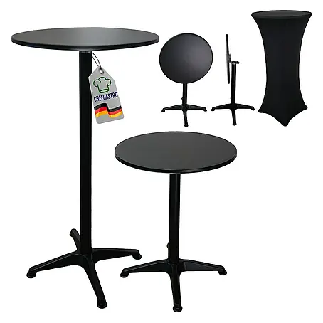 CHEFGASTRO Stehtisch höhenverstellbar mit Hussen klappbar Rund HxØ 75-115x60cm Bistrotisch In- & Outdoor Aluminium MDF-Platte mit Edelstahlbeschichtung Schwarz Gastro wetterfest Klapptisch Gartentisch
