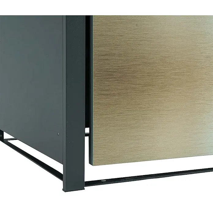 Proregal Mülltonnenbox 1er Mülltonnenverkleidung - 68 x 80 cm, Metall, Gold-Optik, Geeignet für Anzahl Mülltonnen: 1 Stk. - Nahaufnahme eines modernen, stilvollen Metallschranks mit einer auffälligen, gebürsteten goldenen Tür, die Eleganz und hochwertige Verarbeitung ausstrahlt.