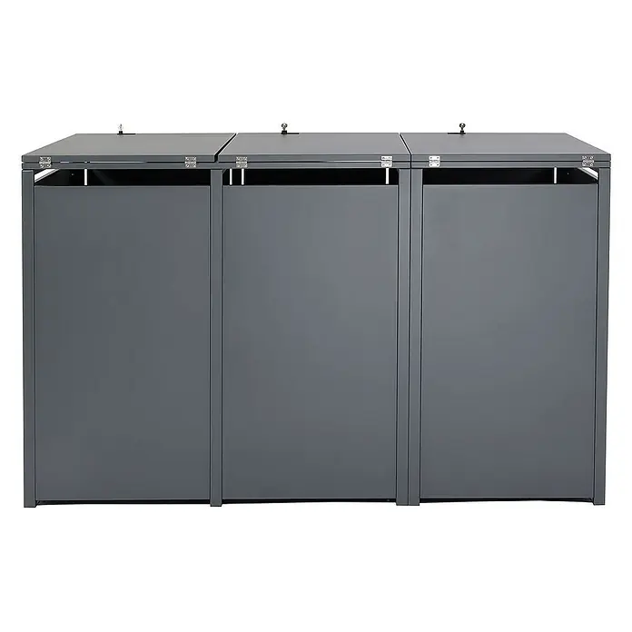 Proregal Mülltonnenbox XL 3er/6er-Mülltonnenverkleidung - Metall, Buche-Holzoptik Hellbraun, Geeignet für Anzahl Mülltonnen: 3 Stk. - Ein grauer Abfalltrenner mit drei Fächern und Deckeln, ideal für die Mülltrennung im Haushalt. Praktisch und stilvoll gestaltet.