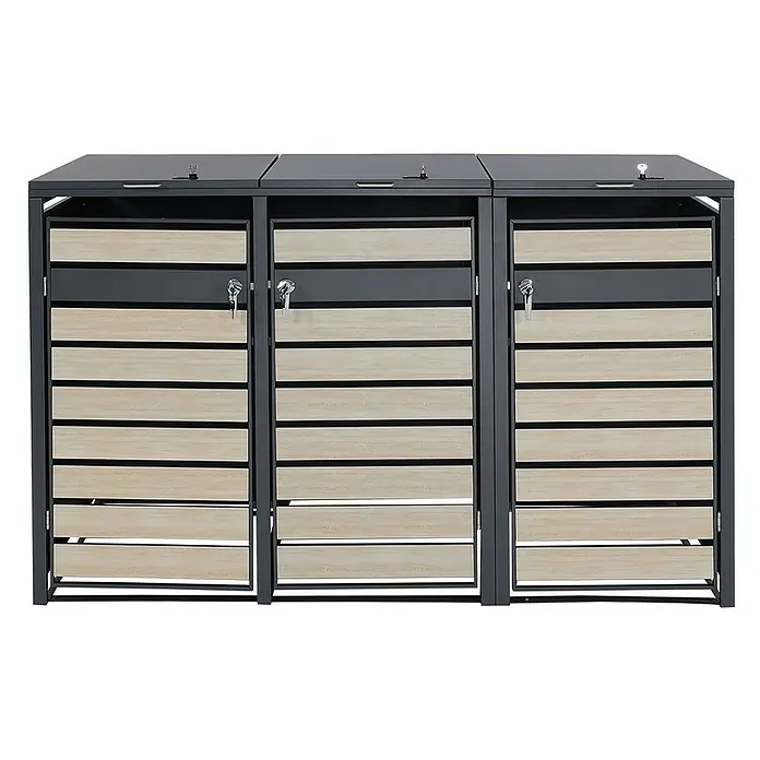 Proregal Mülltonnenbox XL 3er/6er-Mülltonnenverkleidung - Metall, Buche-Holzoptik Hellbraun, Geeignet für Anzahl Mülltonnen: 3 Stk. - Ein graues Mülltonnenbox-System für drei Mülltonnen mit Holzverkleidung. Es hat abschließbare Türen und Deckel für erhöhte Sicherheit.
