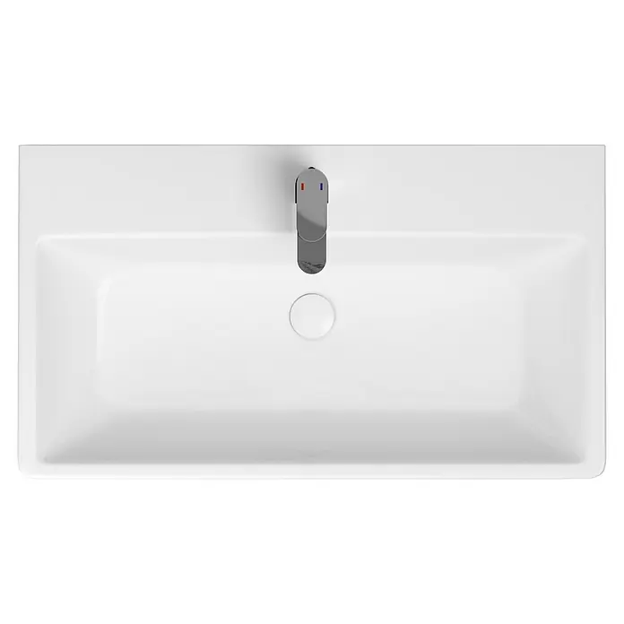 Camargue New York Waschtisch - 82 x 46,5 cm, Ohne Spezialglasur, Hahnloch: Mitte, Mit Überlauf, Weiß - Moderne Aufsicht eines rechteckigen Waschbeckens aus weißer Keramik mit einem schmalen, verchromten Wasserhahn in der Mitte.