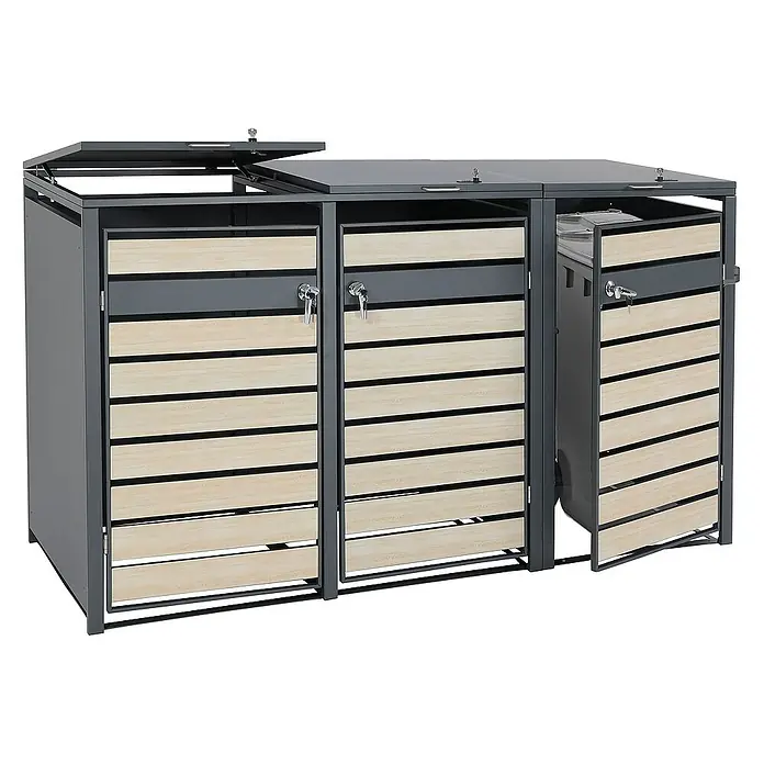 Proregal Mülltonnenbox XL 3er/6er-Mülltonnenverkleidung - Metall, Buche-Holzoptik Hellbraun, Geeignet für Anzahl Mülltonnen: 3 Stk. - Diese hochwertige Mülltonnenbox bietet eine stilvolle Lösung zur Aufbewahrung von drei Mülltonnen im Außenbereich. Die Box ist abschließbar.