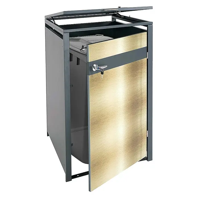 Proregal Mülltonnenbox 1er Mülltonnenverkleidung - 68 x 80 cm, Metall, Gold-Optik, Geeignet für Anzahl Mülltonnen: 1 Stk. - Abfallbehälter mit Schloss und Klappdeckel aus Metall, ideal für den Außenbereich.