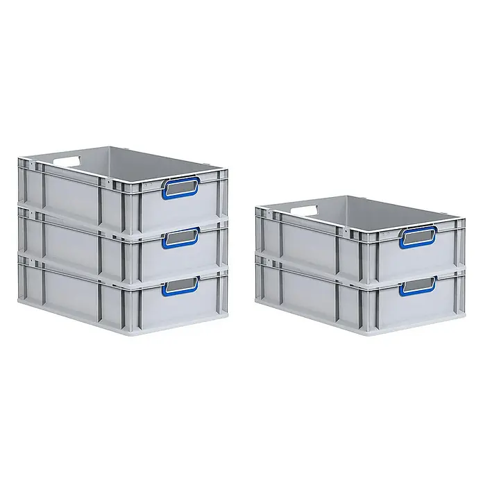 Proregal Eurobox Eurobox NextGen Color - L x B x H: 60 x 40 x 17 cm, Kunststoff, Grau, Blau - Drei graue Eurobehälter übereinander gestapelt und zwei graue Eurobehälter gestapelt, für den Transport und die Lagerung von Gütern.