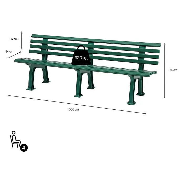 Proregal Gartenbank Antigua 4-Sitzer aus Kunststoff - Grün - Bild einer grünen Parkbank mit den Maßen 200x54x74 cm, Rückenlehne 35 cm hoch, belastbar bis 320 kg und geeignet für 4 Personen.