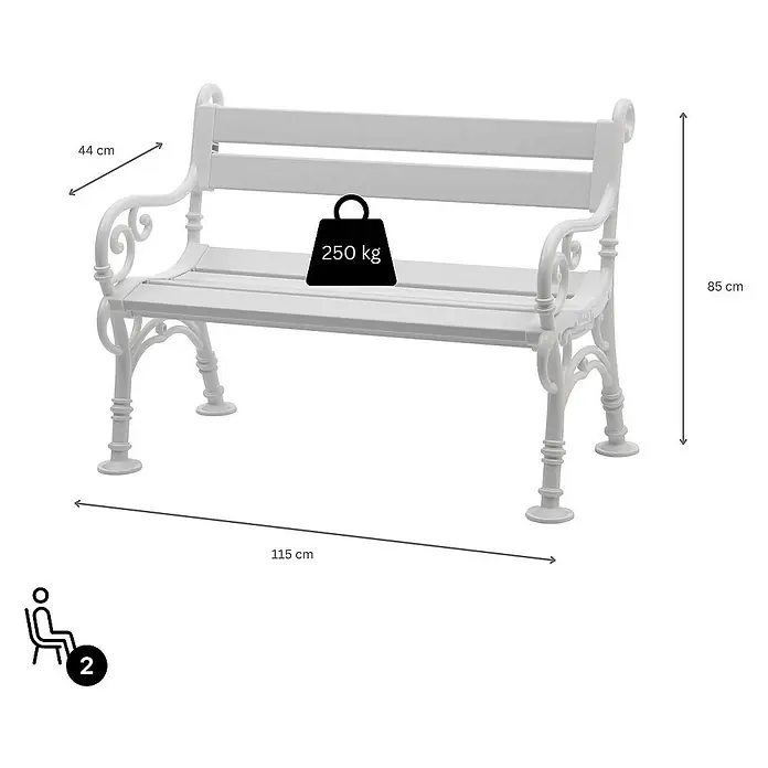 Proregal Gartenbank Curacao 2-Sitzer aus Kunststoff - Weiß - Gartenbank mit den Maßen 115x44x85 cm, belastbar bis 250 kg. Geeignet für 2 Personen.