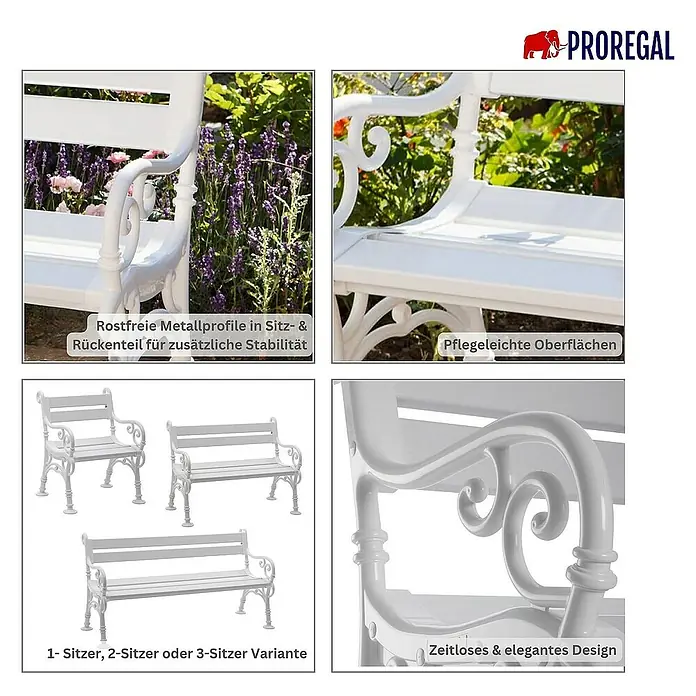 Proregal Gartenbank Curacao 2-Sitzer aus Kunststoff - Weiß - Detailansichten einer weißen Gartenbank mit rostfreien Metallprofilen und pflegeleichten Oberflächen.