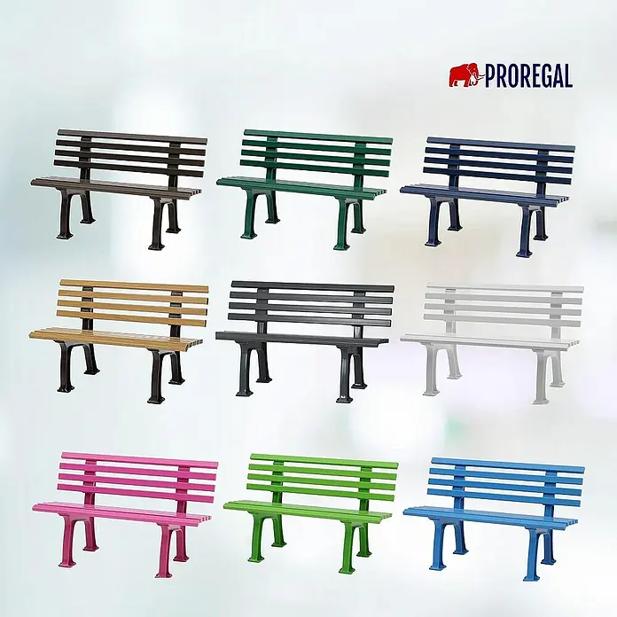 Proregal Gartenbank Antigua 2-Sitzer aus Kunststoff - Holzoptik - Produktabbildung mit neun farbenfrohen Proregal-Bänken, ideal für Parks oder Gärten.