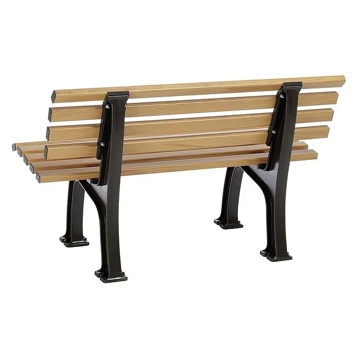 Proregal Gartenbank Antigua 2-Sitzer aus Kunststoff - Holzoptik - Bild einer Parkbank mit Holzlatten und einem stabilen, dunklen Metallgestell, ideal für öffentliche Räume.