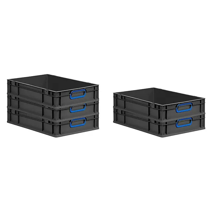 Proregal Eurobox Eurobox NextGen Color - L x B x H: 60 x 40 x 12 cm, Kunststoff, Schwarz, Blau - Bild von schwarzen Kunststoffbehältern mit blauen Griffen, gestapelt, zur Aufbewahrung und Organisation von Gegenständen.