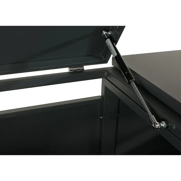 Proregal Mülltonnenbox XL 2er-/4er-Mülltonnenverkleidung - Metall, Anthrazit, Geeignet für Anzahl Mülltonnen: 2 Stk. - Detailansicht einer geöffneten Metallgartenbox mit Gasdruckfeder zur Unterstützung des Deckels. Die Box ist robust und wetterfest.