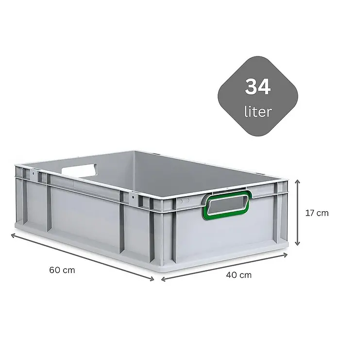 Proregal Eurobox Eurobox NextGen Color - L x B x H: 60 x 40 x 17 cm, Kunststoff, Grau, Grün - Graue Kunststoffbox mit den Maßen 60 x 40 x 17 cm und einem Fassungsvermögen von 34 Litern für vielseitige Aufbewahrungslösungen.