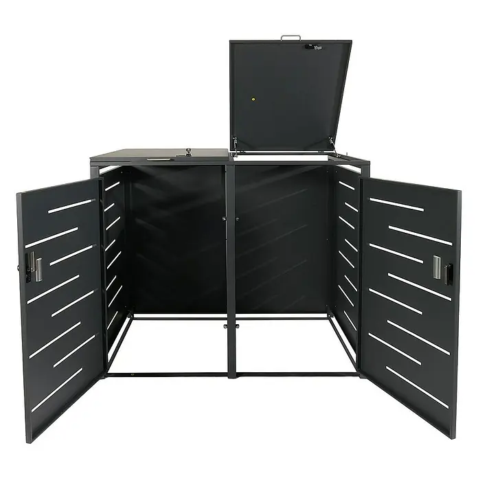 Proregal Mülltonnenbox XL 2er-/4er-Mülltonnenverkleidung - Metall, Anthrazit, Geeignet für Anzahl Mülltonnen: 2 Stk. - Doppel-Mülltonnenbox mit offenem Deckel und zwei Fronttüren mit horizontalen Schlitzen für 2 Mülltonnen, modernes Design.