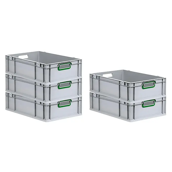 Proregal Eurobox Eurobox NextGen Color - L x B x H: 60 x 40 x 17 cm, Kunststoff, Grau, Grün - Stapel von drei grauen Kunststoffboxen mit grünen Griffen links und zwei gestapelte Boxen rechts. Praktische Aufbewahrungslösung.