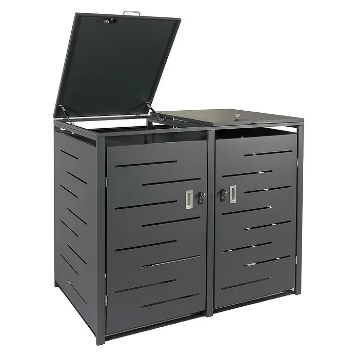 Proregal Mülltonnenbox XL 2er-/4er-Mülltonnenverkleidung - Metall, Anthrazit, Geeignet für Anzahl Mülltonnen: 2 Stk. - Grauer, doppelter Mülltonnenbox für den Außenbereich mit aufklappbarem Deckel und horizontalen Schlitzen an den Türen.