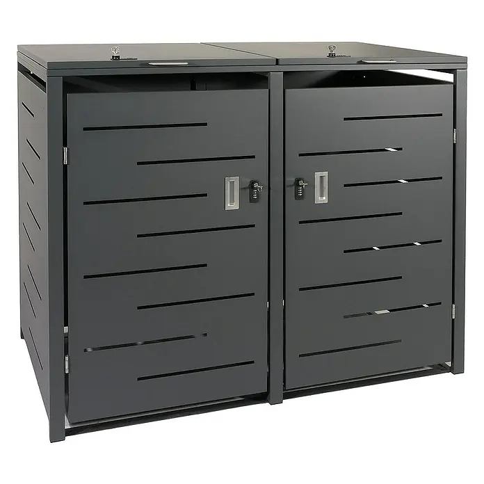 Proregal Mülltonnenbox XL 2er-/4er-Mülltonnenverkleidung - Metall, Anthrazit, Geeignet für Anzahl Mülltonnen: 2 Stk. - Moderner, grauer Mülltonnenbox-Doppel aus Metall mit abschließbaren Türen und Schlitzen zur Belüftung für zwei Mülltonnen.
