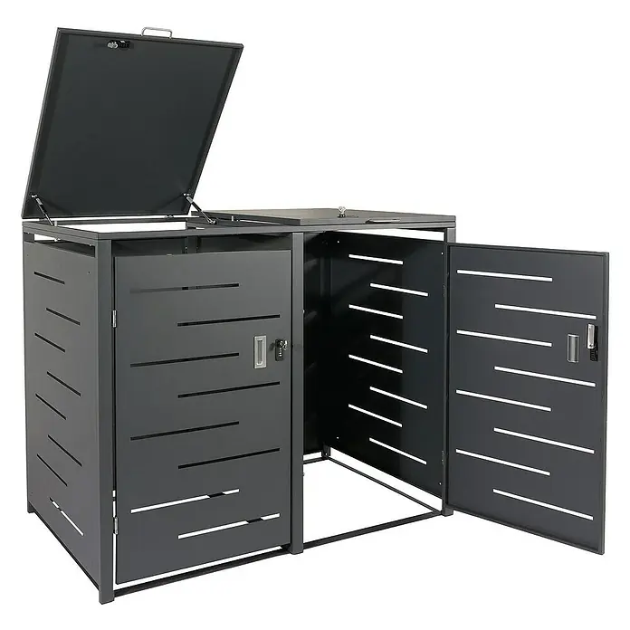 Proregal Mülltonnenbox XL 2er-/4er-Mülltonnenverkleidung - Metall, Anthrazit, Geeignet für Anzahl Mülltonnen: 2 Stk. - Bild eines grauen Doppel-Mülltonnenbox mit offenem Deckel und Tür, ideal zur stilvollen Müllaufbewahrung im Außenbereich.