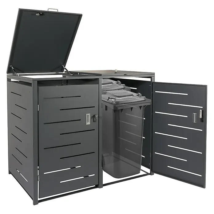 Proregal Mülltonnenbox XL 2er-/4er-Mülltonnenverkleidung - Metall, Anthrazit, Geeignet für Anzahl Mülltonnen: 2 Stk. - Mülltonnenbox aus Metall mit offenen Türen und Deckel für zwei Mülltonnen.