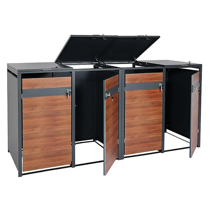 Proregal Mülltonnenbox XL 4er/8er-Mülltonnenverkleidung - 290 x 98 cm, Metall, Kirsche-Holzoptik Dunkelbraun, Geeignet für Anzahl Mülltonnen: 4 Stk. - Das Bild zeigt eine dreifache, abschließbare Mülltonnenbox mit Holztüren und geöffneten Deckeln. Die Box ist aus Metall gefertigt.
