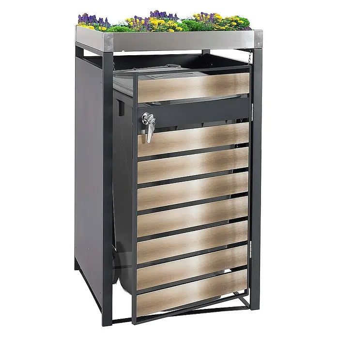 Proregal Mülltonnenbox 1er Mülltonnenverkleidung mit Pflanzkasten - Metall, Gold-Optik, Geeignet für Anzahl Mülltonnen: 1 Stk. - Mülltonnenbox mit bepflanzbarem Dach, abschließbarer Tür und horizontalen Holzleisten für den Außenbereich.