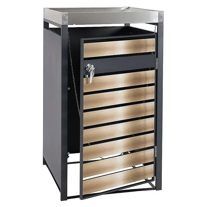 Proregal Mülltonnenbox 1er Mülltonnenverkleidung mit Pflanzkasten - Metall, Gold-Optik, Geeignet für Anzahl Mülltonnen: 1 Stk. - Ein modernes Mülltonnenbox-Design mit einer Tür aus Holzlatten und einem Schlüssel, ideal für stilvolle Müllentsorgung im Außenbereich.