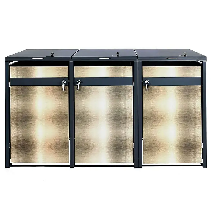 Proregal Mülltonnenbox 3er Mülltonnenverkleidung - Metall, Gold-Optik, Geeignet für Anzahl Mülltonnen: 3 Stk. - Dreifache Abfalltrennungseinheit mit Metallfronten in einem schlanken, dunklen Rahmen, ideal für stilvolles Recycling.