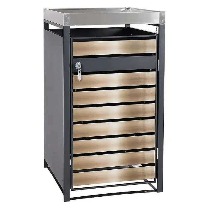 Proregal Mülltonnenbox 1er Mülltonnenverkleidung mit Pflanzkasten - Metall, Gold-Optik, Geeignet für Anzahl Mülltonnen: 1 Stk. - Abfallbehälter aus Metall und Holz, ideal für den Außenbereich. Der Mülleimer ist abschließbar und fügt sich gut in jeden Garten ein.