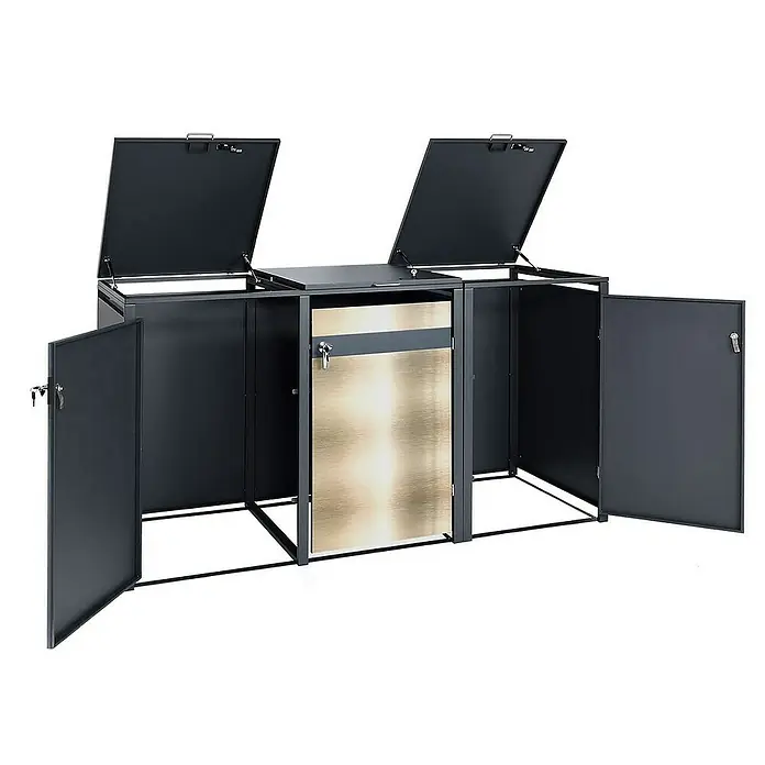 Proregal Mülltonnenbox 3er Mülltonnenverkleidung - Metall, Gold-Optik, Geeignet für Anzahl Mülltonnen: 3 Stk. - Mülltonnenbox mit aufklappbaren Deckeln und abschließbaren Türen, ideal für die stilvolle Aufbewahrung von Abfallbehältern im Außenbereich.