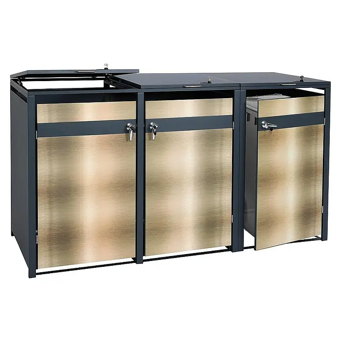 Proregal Mülltonnenbox 3er Mülltonnenverkleidung - Metall, Gold-Optik, Geeignet für Anzahl Mülltonnen: 3 Stk. - Das Bild zeigt einen dreifachen Mülltrennsystem aus Metall mit abschließbaren Fächern und Kippdeckeln für eine einfache Müllentsorgung.