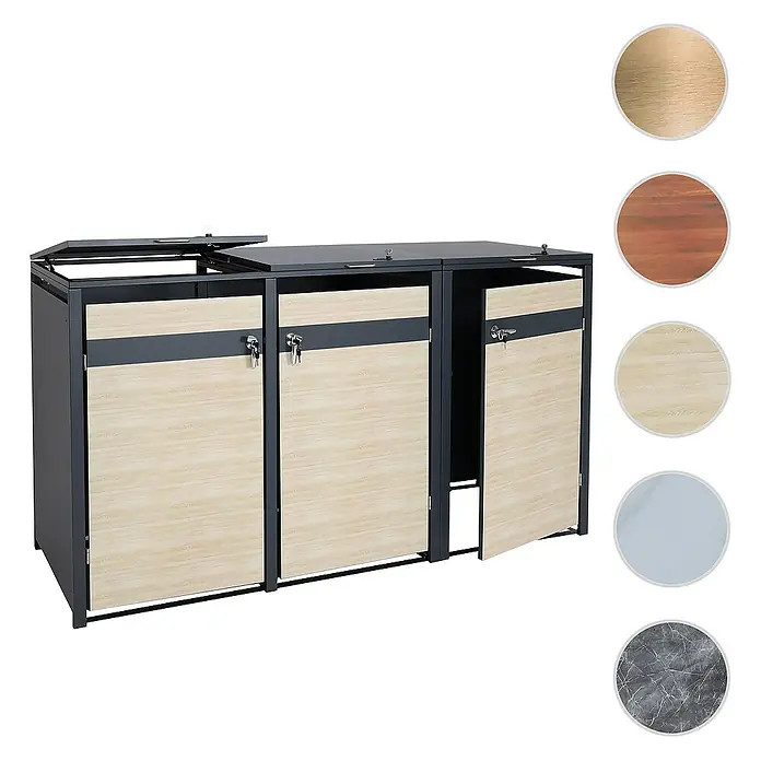 Proregal Mülltonnenbox 3er Mülltonnenverkleidung - Metall, Gold-Optik, Geeignet für Anzahl Mülltonnen: 3 Stk. - Bild eines Mülltonnenbox aus Metall mit Holztüren, die eine stilvolle und funktionale Lösung zur Mülltrennung bietet.