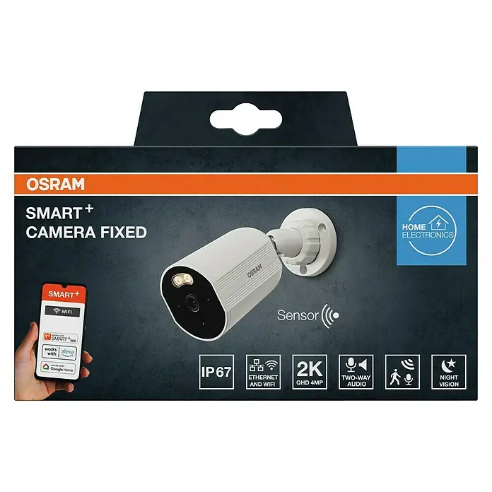 Osram Smart+ Überwachungskamera Outdoor Fixed - Passend für: Alarmsystem, Smart Home System - Abbildung einer Osram Smart+ fest installierten Überwachungskamera mit intelligenter App-Steuerung und hochauflösender 2K-Videoqualität.