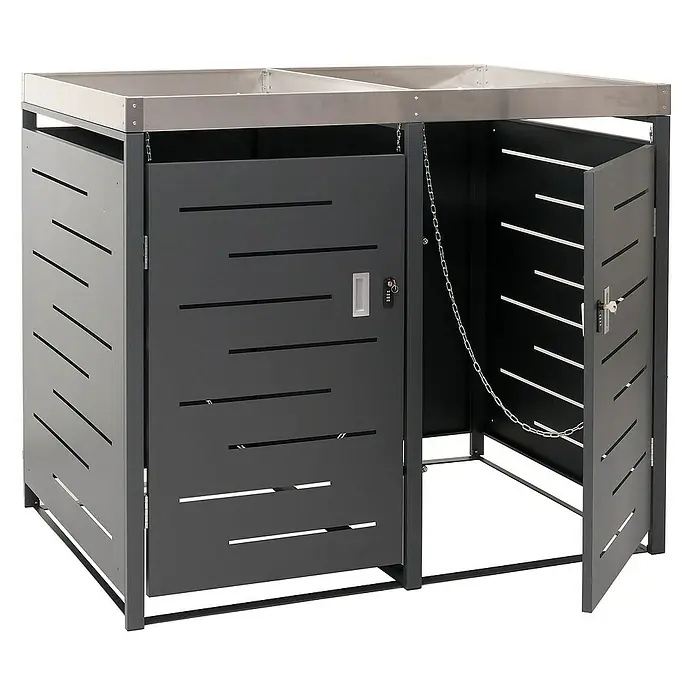 Proregal Mülltonnenbox 2er-Mülltonnenverkleidung - Metall, Edelstahl, Geeignet für Anzahl Mülltonnen: 2 Stk. - Ein Mülltonnenbox-Doppel für zwei Mülltonnen mit abschließbaren Türen und Lüftungsschlitzen.