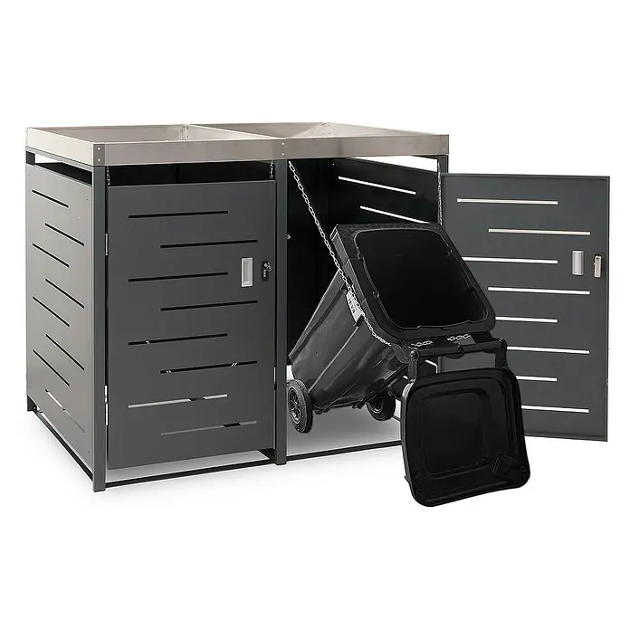 Proregal Mülltonnenbox 2er-Mülltonnenverkleidung - Metall, Edelstahl, Geeignet für Anzahl Mülltonnen: 2 Stk. - Mülltonnenbox zur Aufbewahrung von zwei Mülltonnen. Das Design ist modern mit horizontalen Schlitzen und einem abschließbaren Fach.