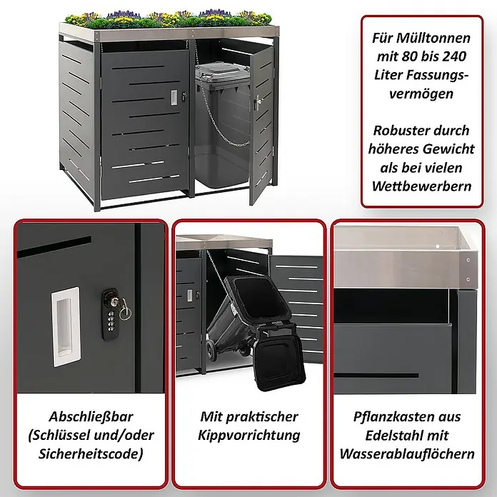 Proregal Mülltonnenbox 2er-Mülltonnenverkleidung - Metall, Edelstahl, Geeignet für Anzahl Mülltonnen: 2 Stk. - Produktbild einer Mülltonnenbox mit Pflanzkasten auf dem Dach und Informationen zu Eigenschaften wie abschließbar und Kippvorrichtung.