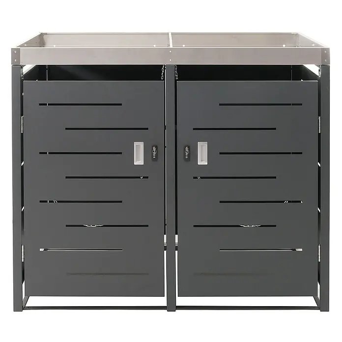 Proregal Mülltonnenbox 2er-Mülltonnenverkleidung - Metall, Edelstahl, Geeignet für Anzahl Mülltonnen: 2 Stk. - Produktfoto einer modernen, doppelten Mülltonnenbox aus Metall mit horizontalen Schlitzen und Griffen.