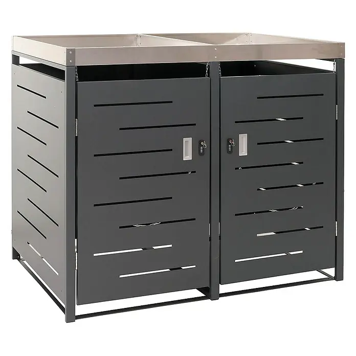Proregal Mülltonnenbox 2er-Mülltonnenverkleidung - Metall, Edelstahl, Geeignet für Anzahl Mülltonnen: 2 Stk. - Ein modernes, anthrazitfarbenes Mülltonnenbox-Doppel für den Außenbereich mit horizontalen Schlitzen und abschließbaren Türen.