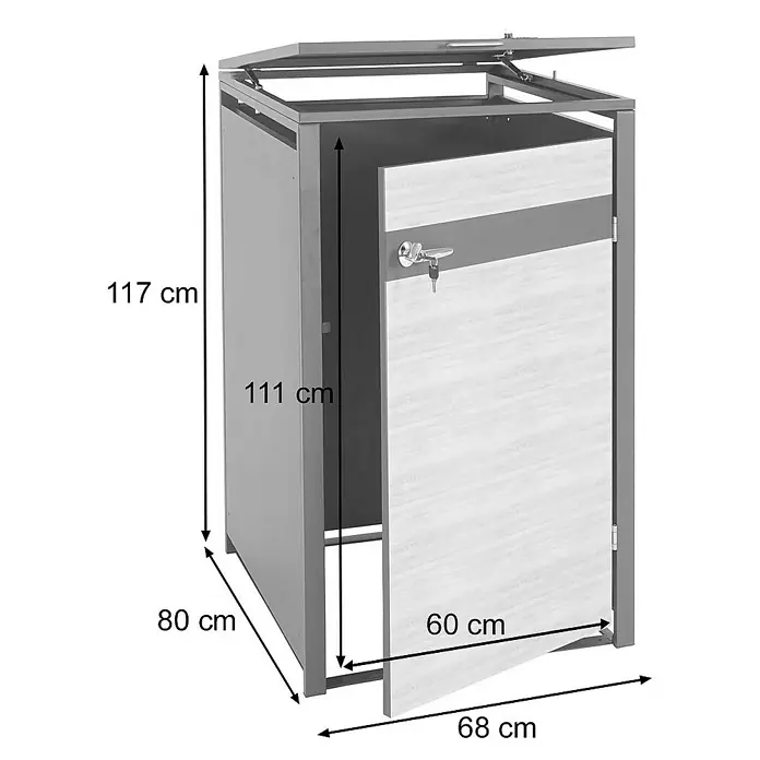 Proregal Mülltonnenbox 1er Mülltonnenverkleidung - Metall, Kirsche-Holzoptik Dunkelbraun, Geeignet für Anzahl Mülltonnen: 1 Stk. - Abbildung eines abschließbaren Außenmüllbehälters in Grau, mit Maßen versehen.
